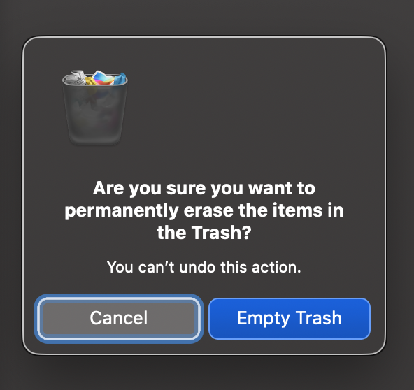 The "empty trash" dialog in front of a dark background.
